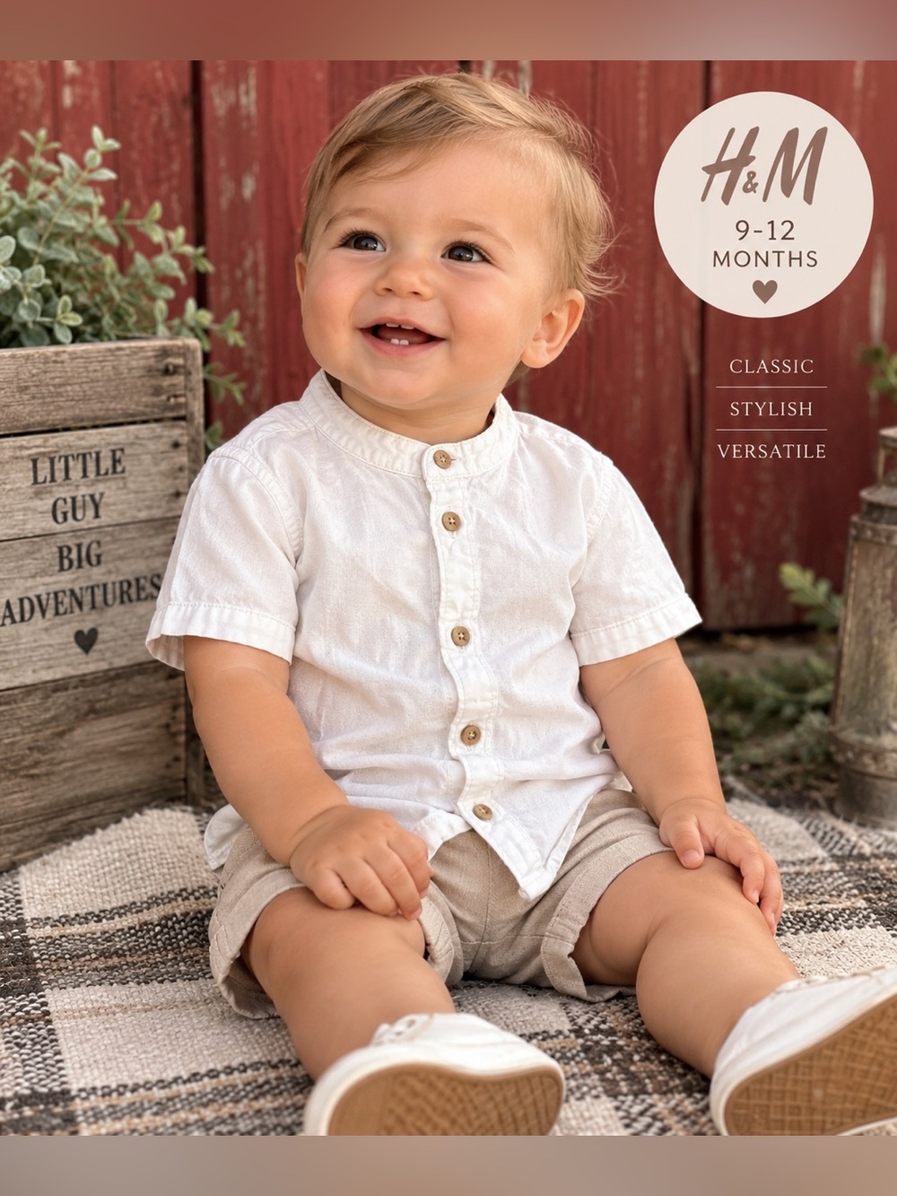 H&M Baby Boy White Mandarin Collar Button Down Shirt 12 Months